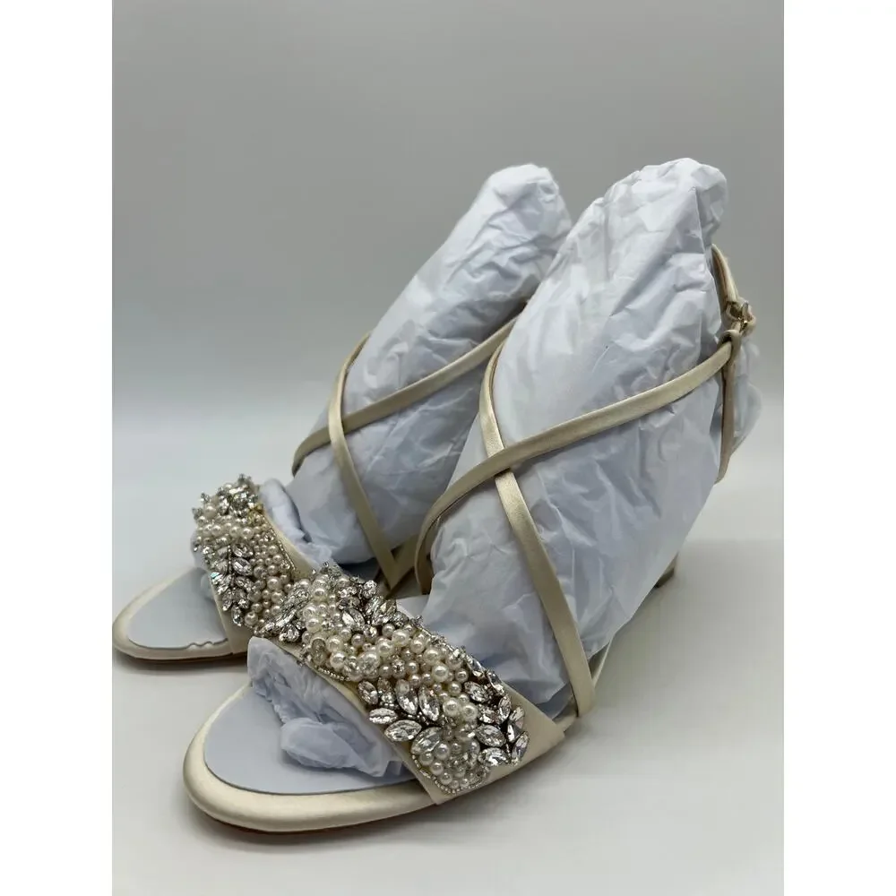 Badgley Mischka Women's Clarisa Embellished Wedge Sandal Ivory MP5243 Size 8